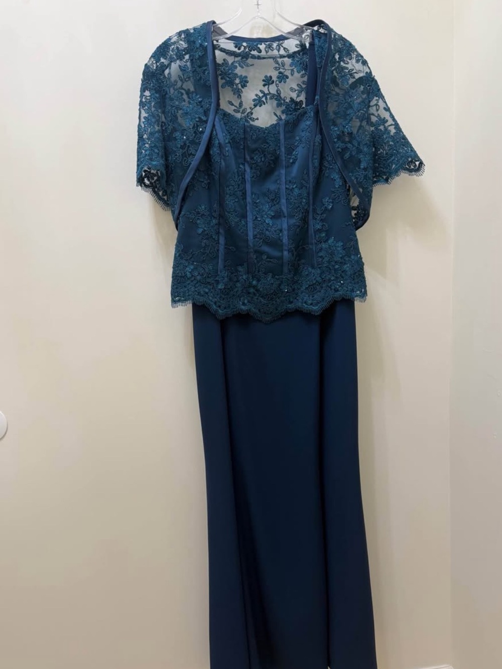 Teal Lace Overlay Evening Gown